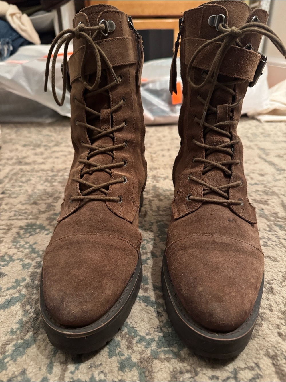 Sam Edelman Junip Brown Suede Leather Lug Sole Combat Boots Calf Buckle US 9 EUC